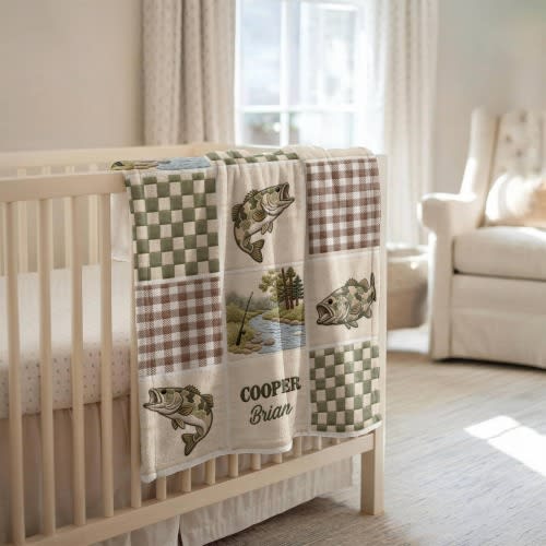 Personalized Fishing Baby Blanket, Custom Name Boy Bass Fish Blanket, Outdoors Nursery Decor Baby Shower Gift Soft Velveteen Patchwork Throw