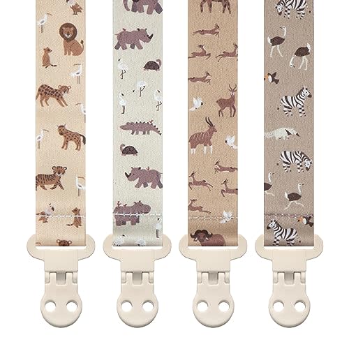 Baby Pacifier Clip Holder - Girl or Boy Unisex 4 Pack Gift Set – Boho Modern Neutral Animals Elephant Giraffe Zebra (Safari)