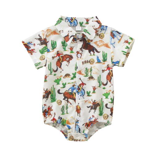 Tisuna Baby Summer Romper Western Cow Print Short Sleeve Button Down Bodysuit Breathable Soft Girls Boys Daily Jumpsuit Size 0-3 Months Green