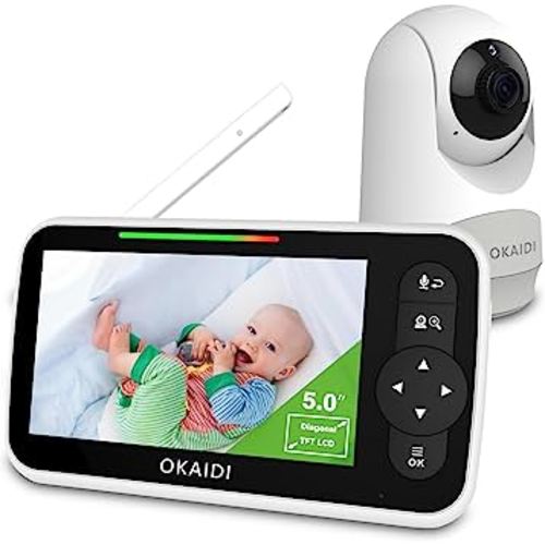 OKAIDI Baby Monitor with Camera and Audio, 5" Large Screen with 30-Hour Battery, 1000ft Range Video Baby Monitor, Remote Pan-Tilt-Zoom Baby Monitor No WiFi, Night Vision, VOX, 2-Way Talk, 8 Lullabies