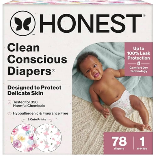 The Honest Company Clean Conscious Diapers for Sensitive Skin | Hypoallergenic, Fragrance Free | Girl Prints | Club Box, Size 1 (8-14 lbs), 78 Count (Prints May Temporarily Vary)
