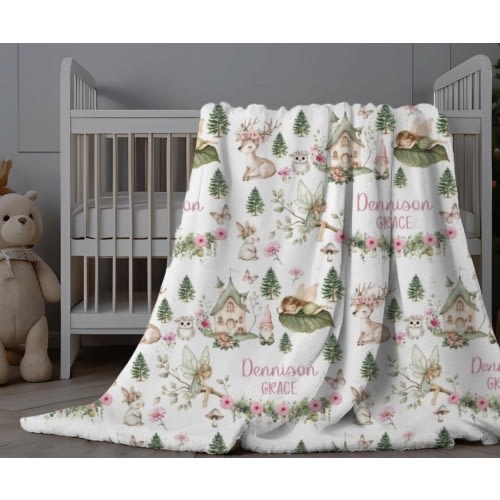 Personalized Baby Girl Swaddle Blanket, Enchanted Woodland Forest Animals and Fairies, Keepsake Baby Shower Gift, Toddler Blanket