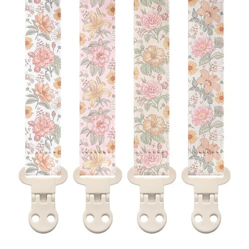 Stadela Baby Fabric Pacifier Clip Holder, Plastic Clip, 4‑Pack, Flowers Pattern, Lilly Set