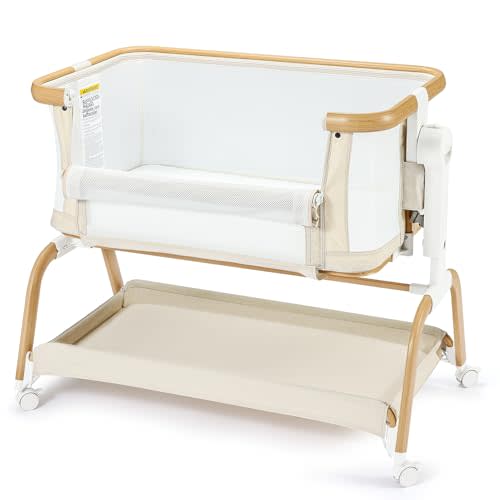 3 in 1 Baby Bassinet,Rocking Bassinets Bedside Sleeper with 6 Adjustable Heights,Breathable Full-Mesh,Comfortable Mattress & Lockable Wheels,Stable Rolling Portable Crib for Newborns(Beige) | Breathable Full-Mesh, Wood Grain Design, V-Shaped Structure