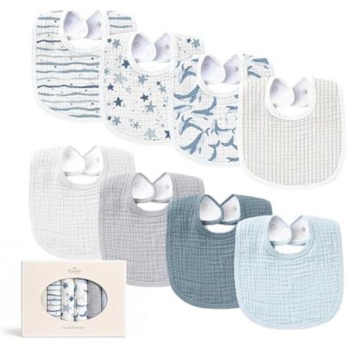 Konssy 8-Pack Muslin Baby Bibs, Adjustable Fit for Drooling and Teething