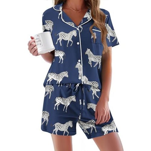 Ekouaer Pajamas Set for Women Short Sleeve Sleepwear Button Down Pjs Soft 2 Piece Lounge Sets XS-XXXL
