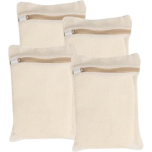 4 Piece Small, Durable Organic Cotton Mesh Laundry Bag with Strong Zipper and Breathable Mesh, Delicate Laundry Bag for Underwear, Clothes, Pants and Socks