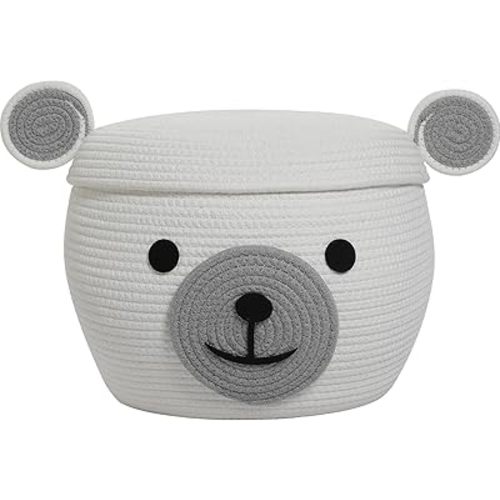 Cottonphant Handcrafted Animal Inspired Basket with Lid, White Bear, 15"x12"