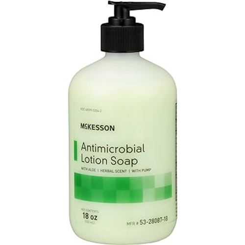 McKesson Antimicrobial Lotion Hand Soap with Aloe, 18 oz Pump Bottle [Pack of 1] - Herbal Scent, Keeps Hands Clean and Moisturized, Medical-Grade Soap