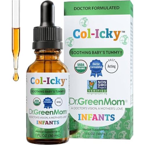 Col-Icky Baby Gas & Colic Drops — Organic Gripe Water Alternative for Infants — Tummy Drops Fennel Chamomile Ginger — Soothes Gas, Hiccups & Teething — Alcohol Free Vegan — 1 Fl Oz