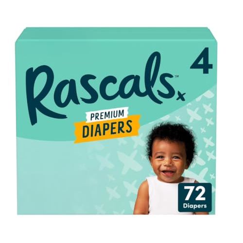 Rascals Disposable Baby Diapers Size 4 (72 Count), Absorbent Core, Up to 12 Hours Leak Protection, Gentle on Skin, Secure Fit, Soft Comfort