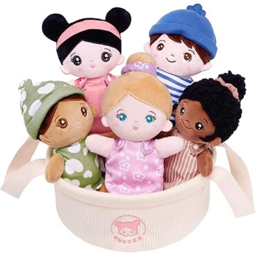 OUOZZZ Soft Baby Dolls – Set of 5 Multicultural 8.8″ Plush Dolls in Basket | Diversity Ethnic Snuggle Toys for Toddlers, Preschool, Daycare & Home