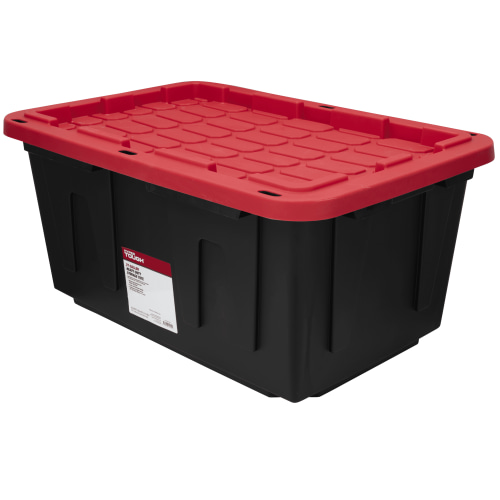 Hyper Tough Large Storage Bin, 27 Gallon Plastic Storage Container with Snap-On Lid, Black and Red, Industrial