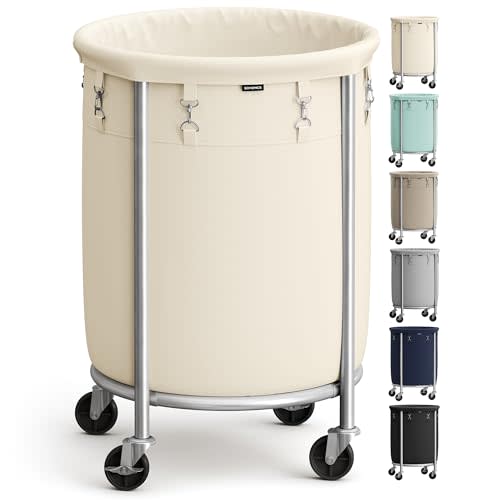 SONGMICS 29-Gallon (110 L) Laundry Basket with Wheels, Rolling Round Heavy-Duty Laundry Hamper Cart with Steel Frame and Removable Bag, 2 Locking Wheels, Cream White and Metallic Silver URLS002W01