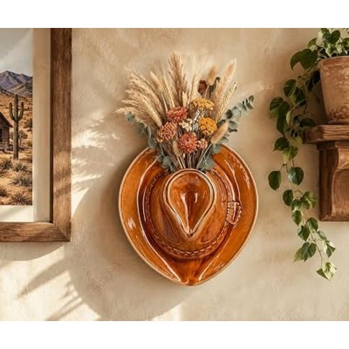 Cowboy Hat Vase for Wall | Large Size 11.8" | Ceramic Cowboy Hanging Planter for Indoor | Vintage Western Home Decor for Bathroom & Bedroom | Wall Mounted Flower Vase | Boho & Country Home Decor