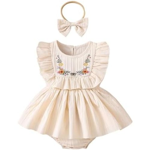 Baby Girl Summer Clothes Ruffle Romper Embroidered Floral Outfit with Headband Newborn Photography