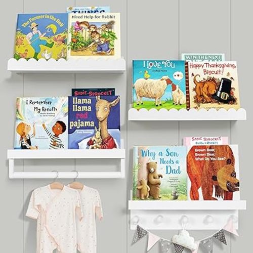 Ollieroo Set of Four Floating Book Shelves for Wall, Nursery Book Shelf for Kids Room, Bamboo Wood Hanging Bookshelf for Baby Teen Boys Girls, Wall Mounted Shelves for Bedroom Bathroom Decor(Wavy)