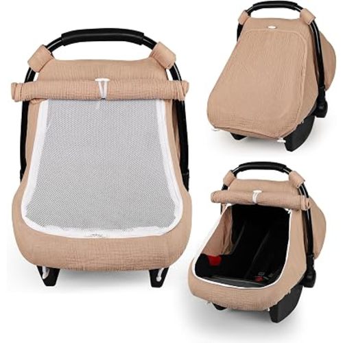 DILIMI Car Seat Covers for Babies, Muslin Cotton Baby Car Seat Cover with Breathable Mesh Window, Summer Infant Car Seat Canopy for Boys Girls Newborn, Gray Taupe