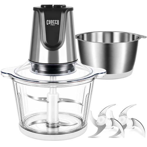 CUOCCO PRO 500W Food Processor, Electric Food Chopper with 2 Bowls (8 Cup+8 Cup), Meat Grinder for Vegetable, Baby Food, Salsa, Includes 2 Sets of Bi-Level Blades