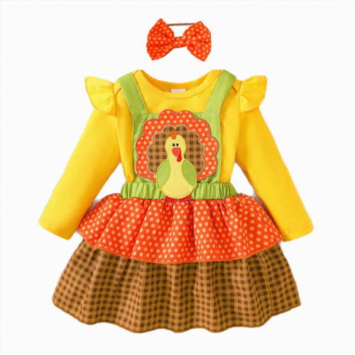 CAICJ98 First Thanksgiving Baby Girl Outfit Long Sleeve Romper Cute Turkey Overall Skirt Dress with Headband Fall Winter Clothes Yellow,Size 3-6 Months