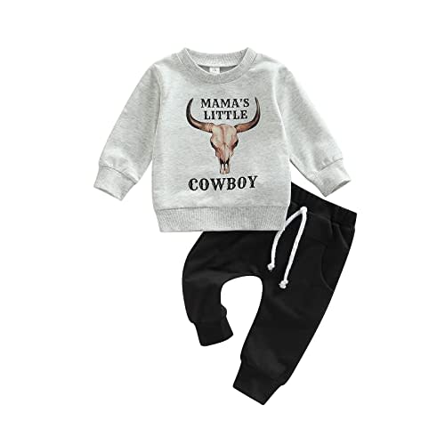 SAYOO Western Baby Boy Clothes Cow Print Sweatshirt Pullover Top Jogger Pants 2Pcs Toddler Boy Cowboy Fall Winter Outfits