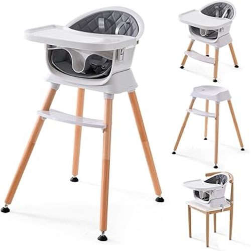 6-in-1 Wooden Baby High Chair, Convertible Toddler Booster Seat and High Stool with Adjustable Legs, Removable Dishwasher-Safe Tray, Grey Infant Feeding Chair with 5-Point Harness