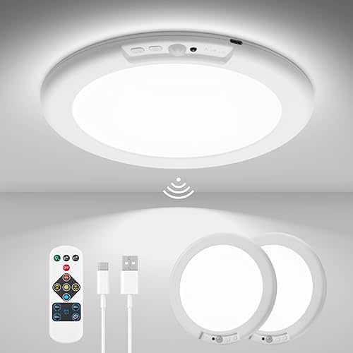 wowatt 2Pcs Battery Operated Ceiling Lights Rechargeable Motion Sensor Light Indoor Wireless Shower Light with Remote 3000K 4500K 6500K 7.48in Dimmable Timing Motion Activated Lamp for Closet Shower