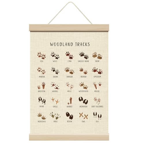 ZEDEV Woodland Tracks Poster Hanger with Wood Frames 12x16 Inches, Forest Animals Canvas Wall Art, Artwork Hanging Kit for Kid Room Nursery Classroom Playroom Living Room Wall Decor-03