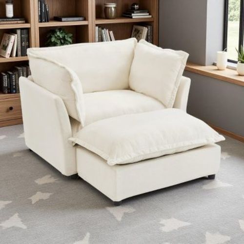 Merax Modern Chenille Armchair with Plush Cushions & Movable Ottoman Beige