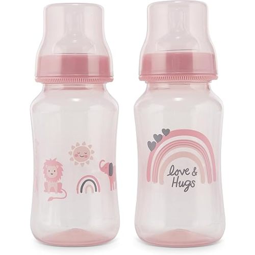 Premium 2-Pack Baby Bottles - 11 Ounce, Hourglass Shape, Fun Boys and Girls Prints, Clear Cover - BPA-Free