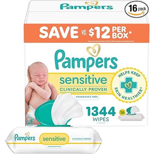 Pampers Baby Wipes, Sensitive, Water Based Wipe, Clinically Proven, Hypoallergenic, and Unscented for Babies, 1344 Wipes Total (16 Flip-Top Packs) [Packaging May Vary]