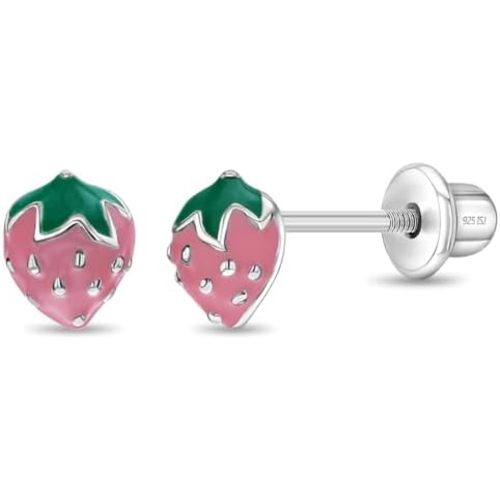 925 Sterling Silver Enamel Strawberry Stud Earrings for Toddlers & Little Girls - Stylish Strawberry Screw Backs for Girls- Colorful Fruit Screw Back Earrings for Everyday Use