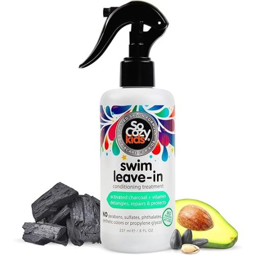 SoCozy Swim Leave In Conditioner Spray & Treatment for Kids Hair (8 Fl Oz) Protects & Repairs Pool, Sun & Salt Damaged Hair, Gentle Formula with Activated Charcoal, Vitamin B5 & Sunflower Seed Extract