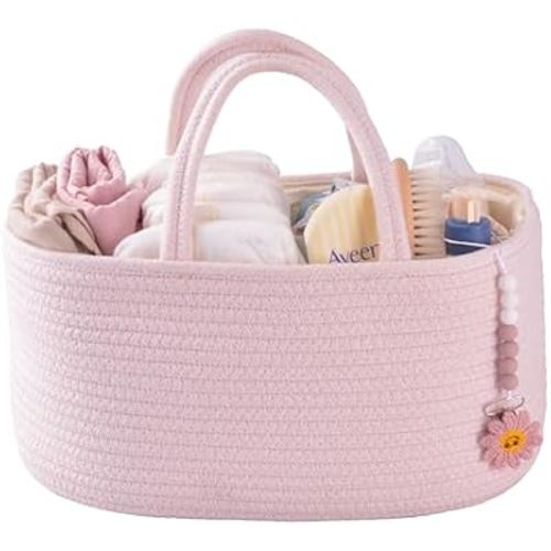 XUANGUO Pink Cotton Rope Baby Diaper Caddy Organizer Basket for Girls