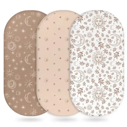 Baby Bassinet Sheets Girl Boy, Fitted Bassinet Sheet Set 3 Pack Bassinet Mattress Sheets Universal Fit for Rectangle, Round, Oval, Hourglass Mattress, Soft Breathable White Brown Sun God