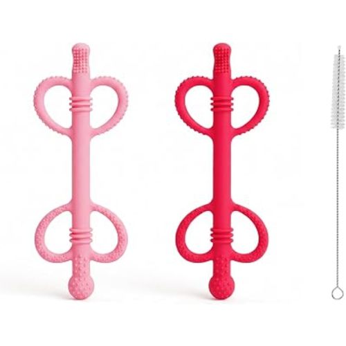 2 Pack Silicone Teething Straws for Infants 3-12 Months (Red&Pink)