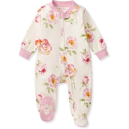 Burt's Bees Baby Girls Sleep and Play Pajamas, 100% Organic Cotton, One-piece PJs, Diagonal Zip Up Loose Fit Footies