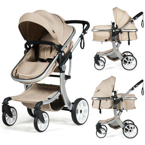 Folding Aluminum Infant Reversible Stroller With Diaper Bag-Beige