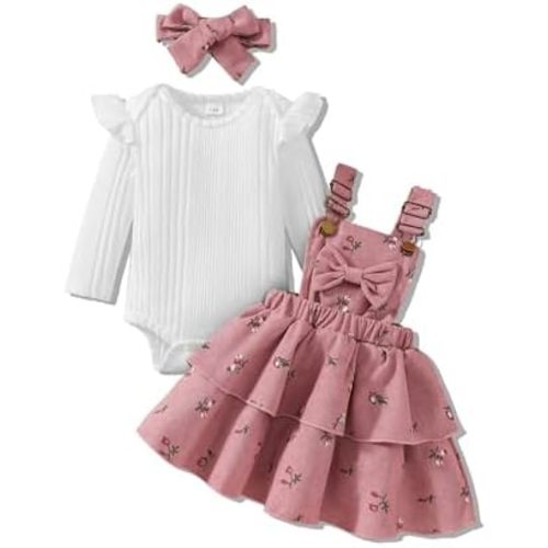 Baby Girl Spring Skirt Set Newborn Overall Dress Long Sleeve Ribbed Romper Suspender Skirts 3Pcs Outfits