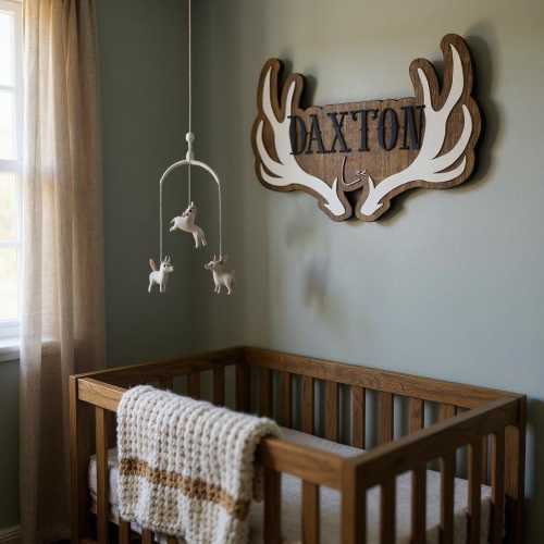 Personalized Deer Antler Nursery Decor: Hand-Painted Baby Name Sign