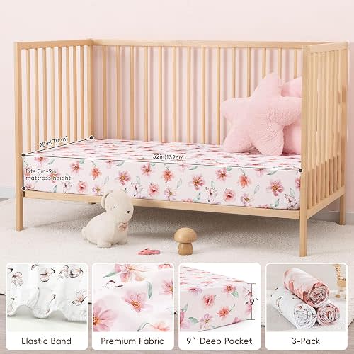david's kids 3 Pack Fitted Crib Sheets, Ultra Soft Breathable Comfortable Baby Sheet Set for Boys Girls Neutral, 28x52 Inch Fits Standard Crib and Toddler Mattresses, Floral
