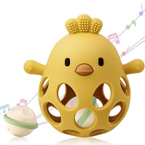 2-in-1 Baby Teething Rattle Toy, Sensory Grasping Teether for Infants 3-12 Months, 100% Food-Grade Silicone, Easy to Hold, Soothing & Developmental, BPA Free