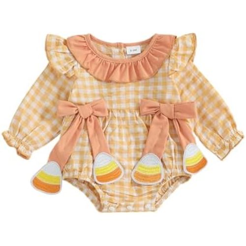 Thanksgiving Baby Girl Outfit Infant Plaid Bubble Romper Onesie Newborn Croissant Bodysuit Fall Winter Clothes