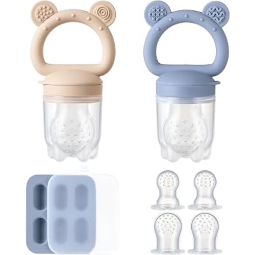 2 Pack Silicone Baby Fruit Feeder with Mini Freezer Tray, Fresh Food Feeder for Safe Infant Self Feeding, Extra Food Pouches, Breastmilk Popsicle Molds for Baby Teething Relief - Blueberry