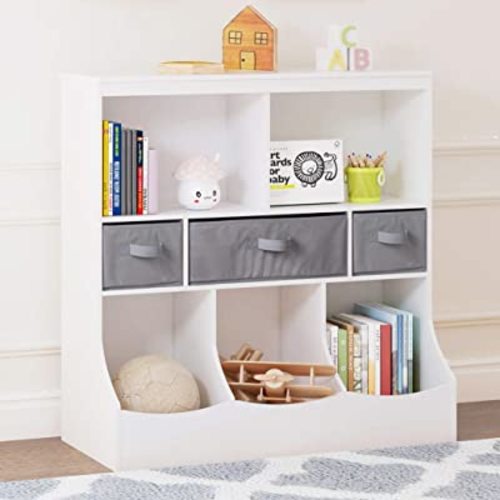 UTEX Toy Storage Organizer, 8 Cubbies Bookcase with 3 Baskets, White