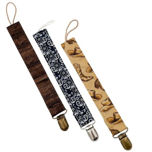 Western Cowboy Pack Of 3 Fabric Pacifier Clip Holder for Infant Baby Boy And Girl, Universal Fit for Binky, Soothers and Teethers