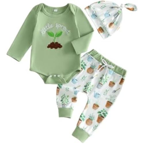 Newborn Baby Boy Little Sprout Outfit Fall Romper and Pants Set Hat