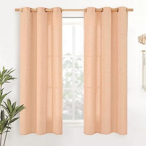 YoungsTex Peach Linen Curtains 45 Inches Long for Short Window, Semi Sheer Textured Drapes with Bronze Grommet Light Filtering Spring Decor for Bedroom Living Room, 42 x 45 Inch, 2 Panels