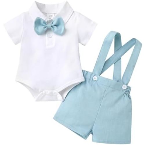 Happy Town Baby Boy Clothes Suits Infant Gentleman Wedding Outfit Dress Shirt Bowtie and Suspenders Shorts Set