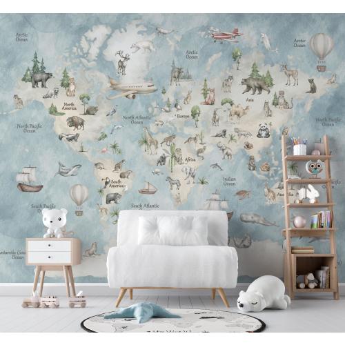 Blue Watercolor World Map Wallpaper Mural for Boys Room, Animal Map Wall Mural Nursery Decor, Nautical Kids Map, Peel and Stick Wall Art